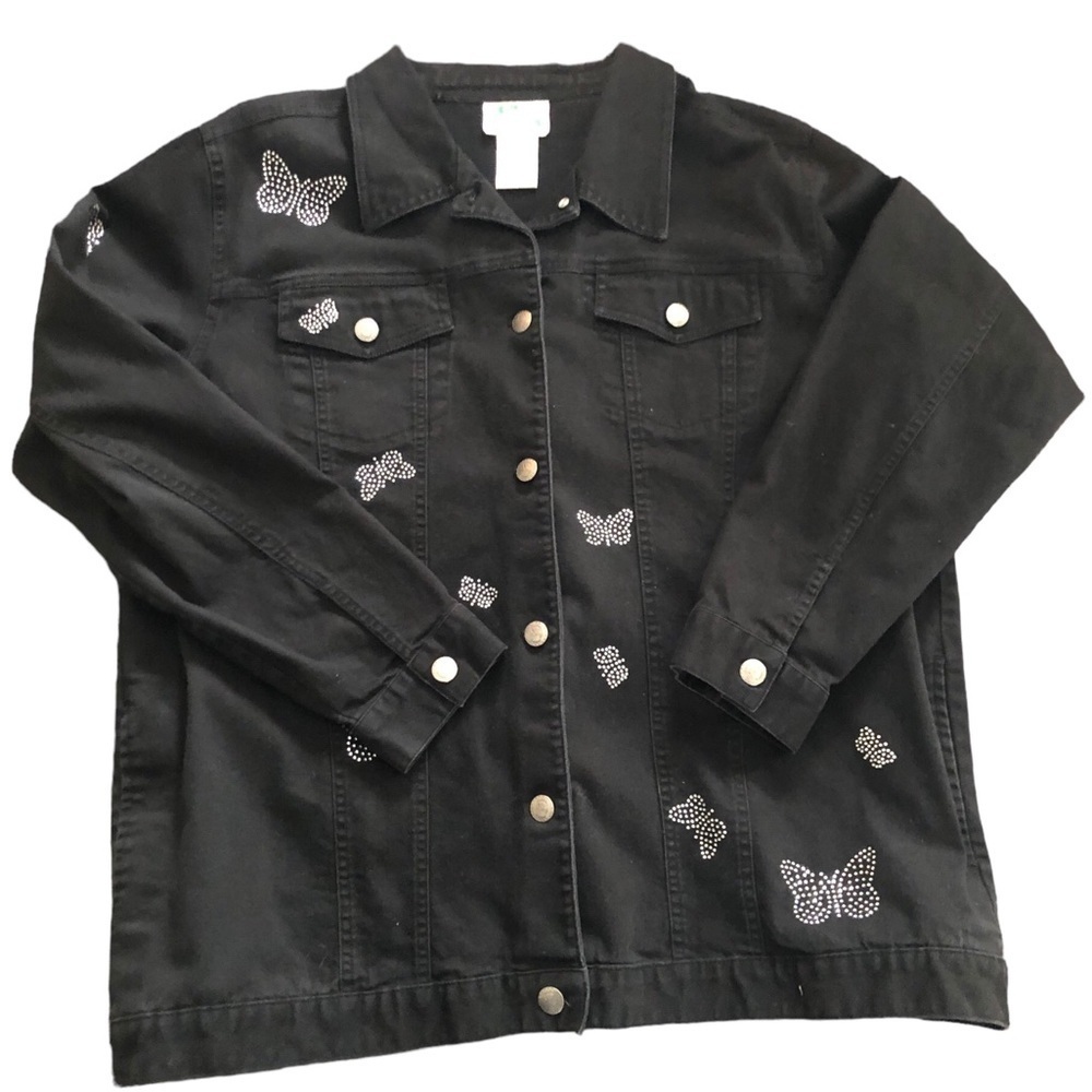 Quacker Factory Denim Stretch Jacket L Rhinestone Butterflies Casual Wardrobe